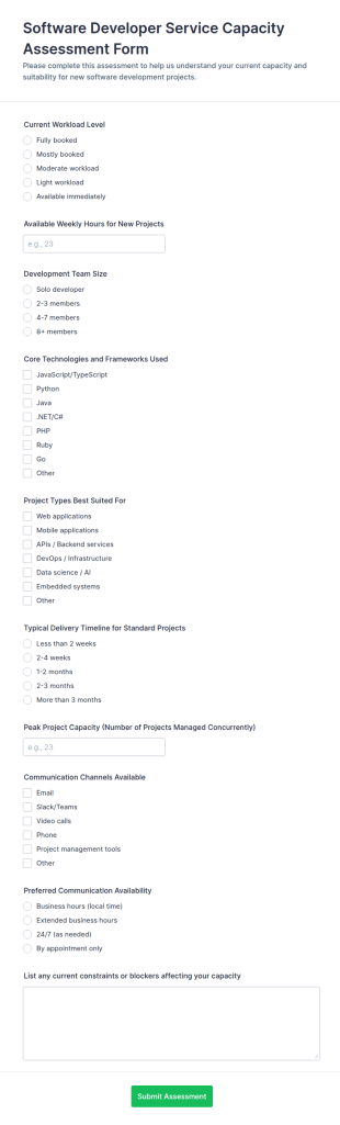 Software Developer Service Capacity Assessment Form Template