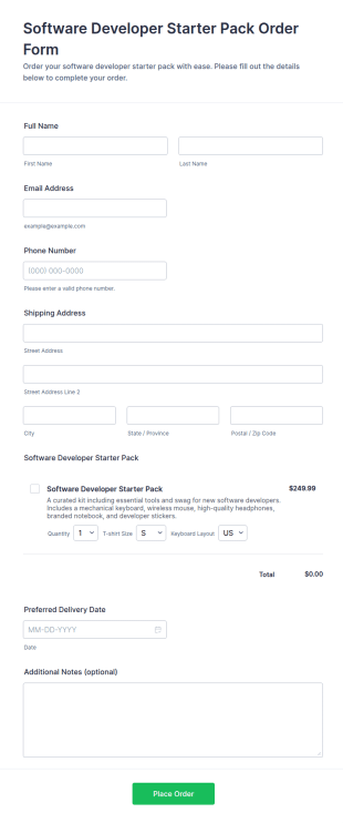 Software Developer Starter Pack Order Form Template