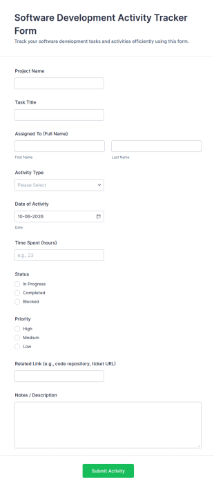 Software Development Activity Tracker Form Template