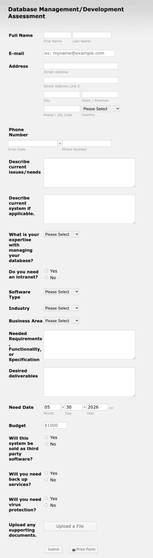 Software Development Assessment Form Template