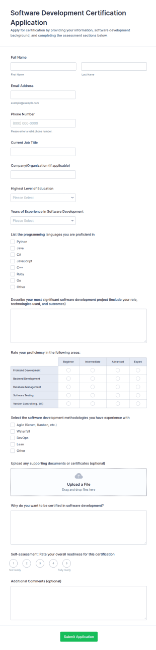 Software Development Certification Application Form Template