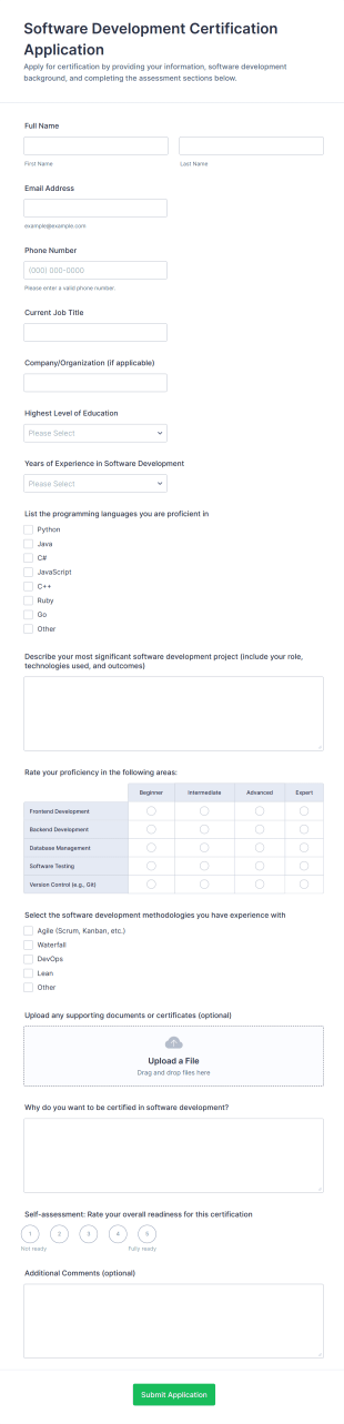Software Development Certification Application Form Template