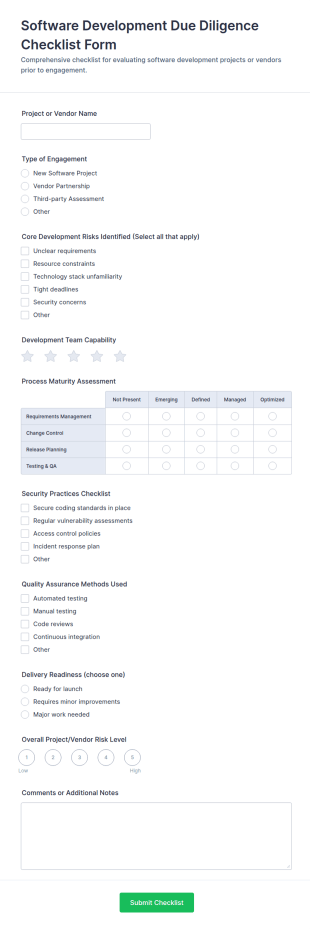 Software Development Due Diligence Checklist Form Template