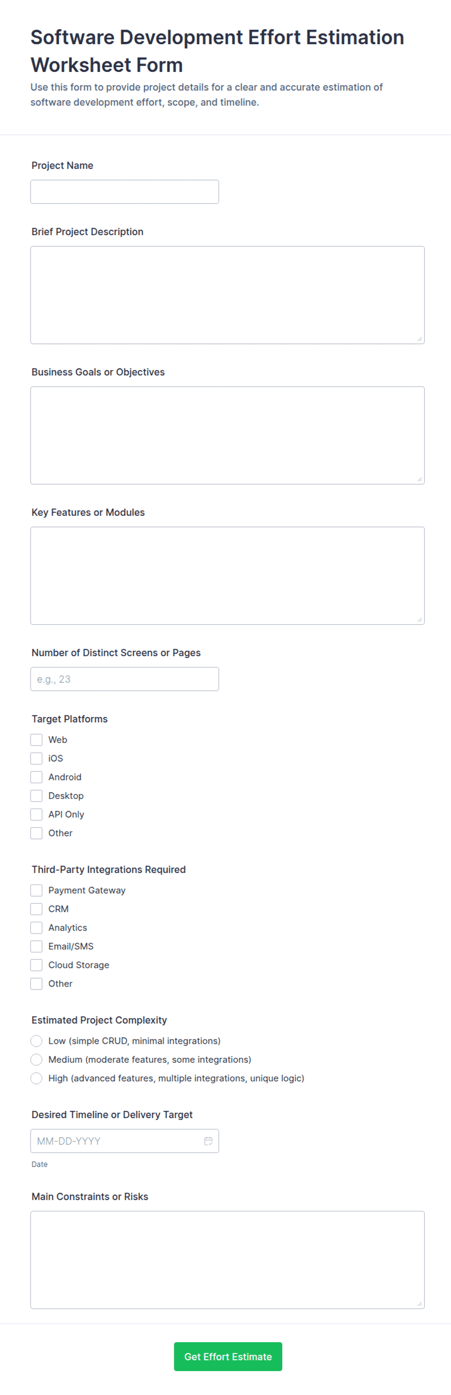 Software Development Effort Estimation Worksheet Form Template | Jotform