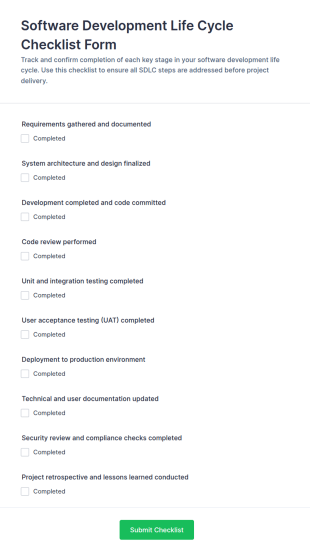 Software Development Life Cycle Checklist Form Template