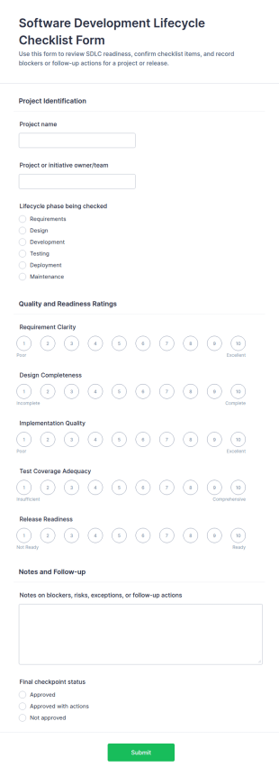 Software Development Lifecycle Checklist Form Template