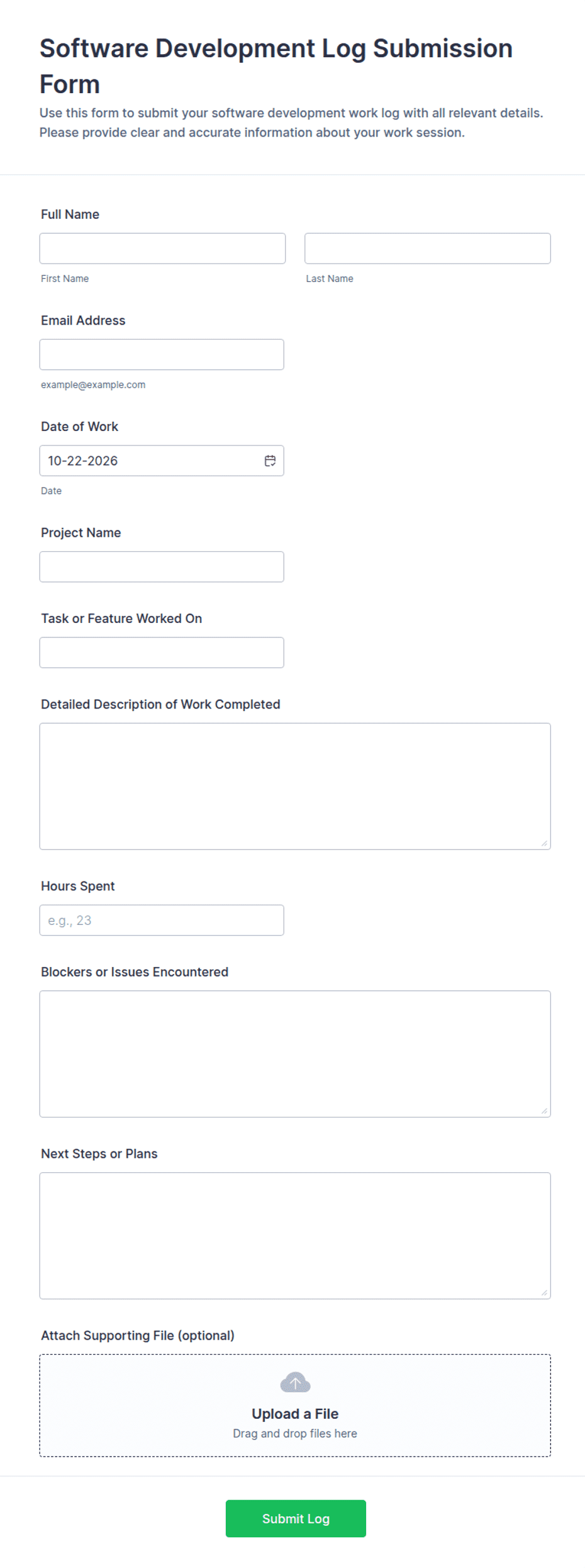 Software Development Log Submission Form Template | Jotform