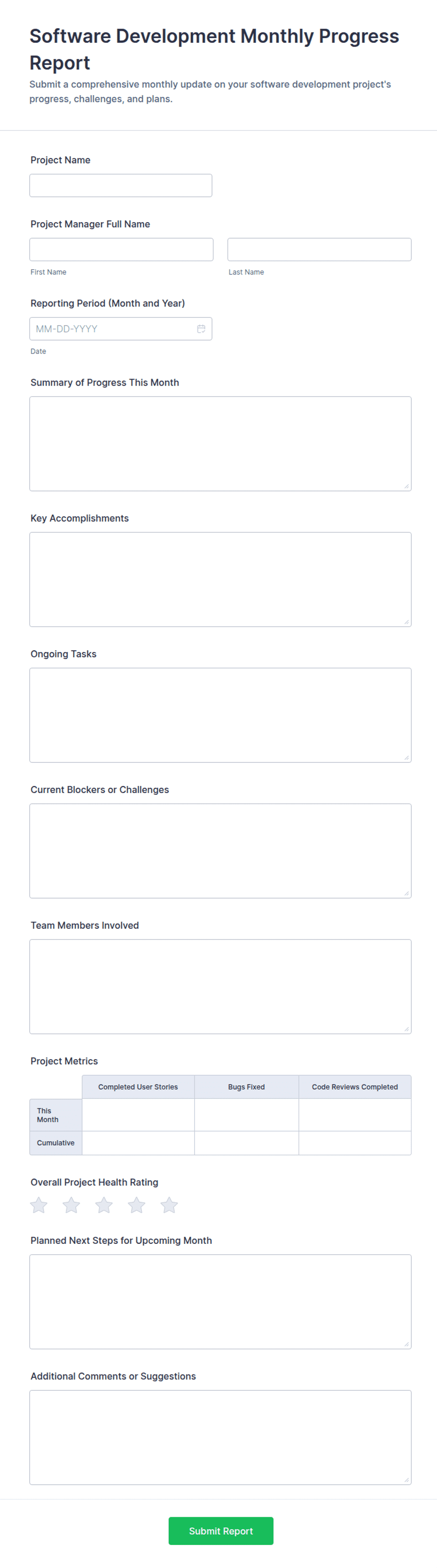 Software Development Monthly Progress Report Form Template | Jotform