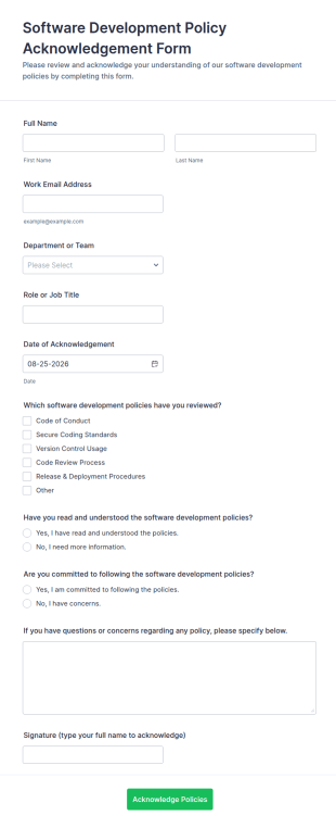 Software Development Policy Acknowledgement Form Template
