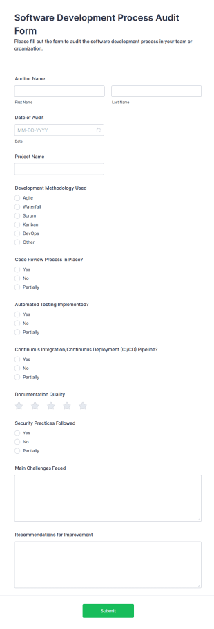 Software Development Process Audit Form Template