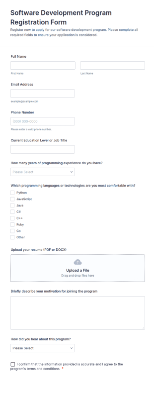 Software Development Program Registration Form Template