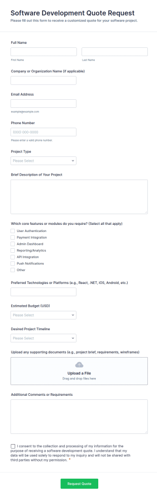 Software Development Quote Request Form Template
