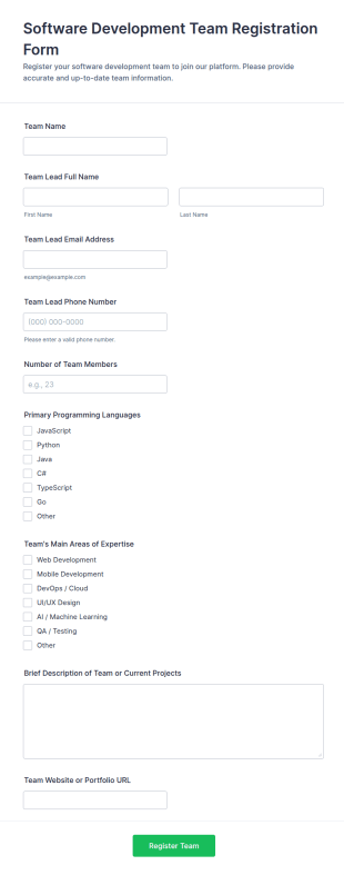 Software Development Team Registration Form Template
