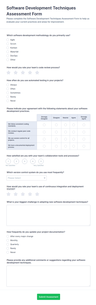 Software Development Techniques Assessment Form Template