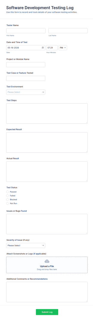 Software Development Testing Log Form Template