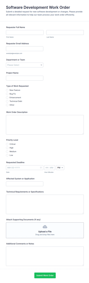 Software Development Work Order Form Template
