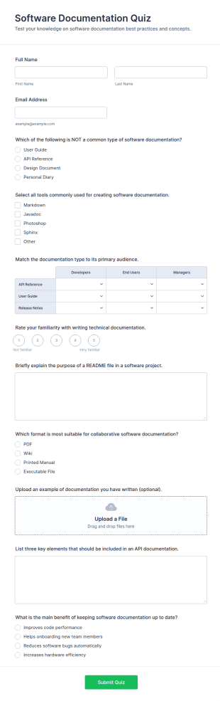 Software Documentation Quiz Form Template