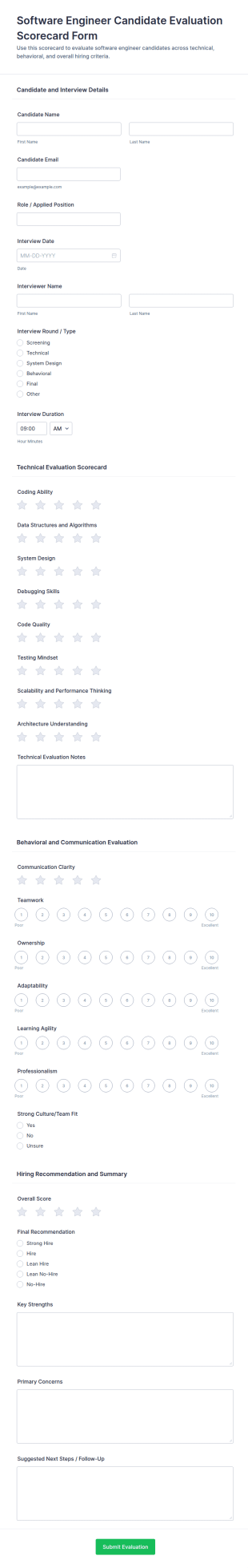 Software Engineer Candidate Evaluation Scorecard Form Template