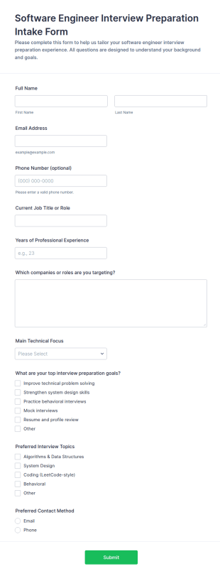 Software Engineer Interview Preparation Intake Form Template