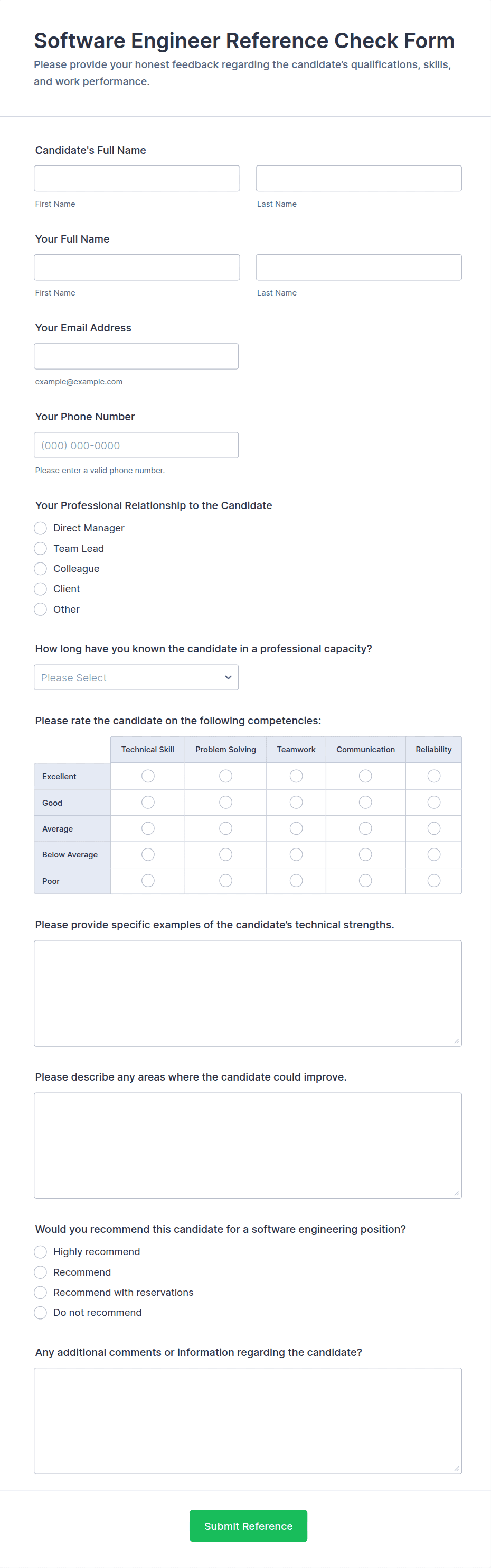 Software Engineer Reference Check Form Template | Jotform