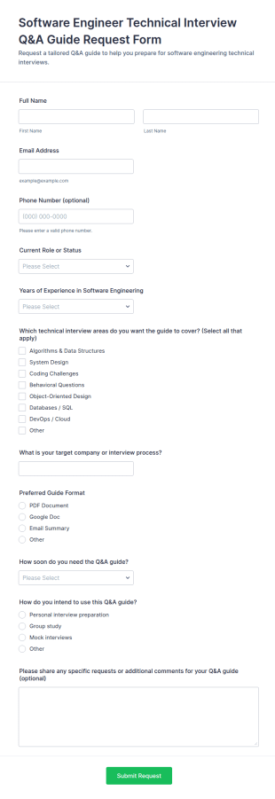 Software Engineer Technical Interview Q&A Guide Request Form Template