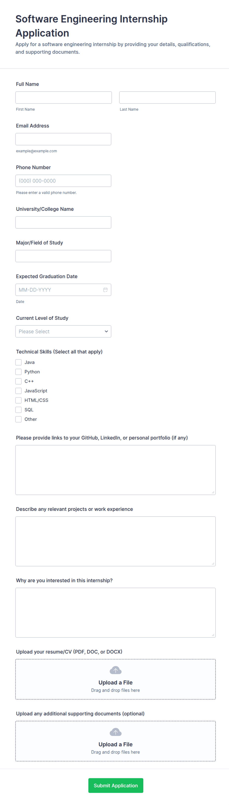Software Engineering Internship Application Form Template | Jotform