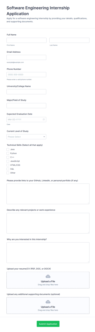 Software Engineering Internship Application Form Template
