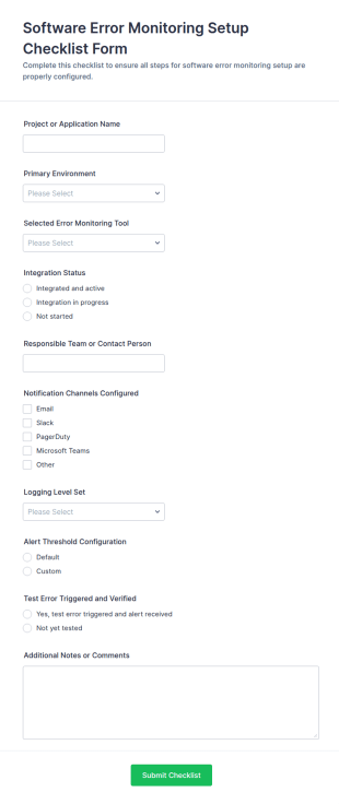 Software Error Monitoring Setup Checklist Form Template