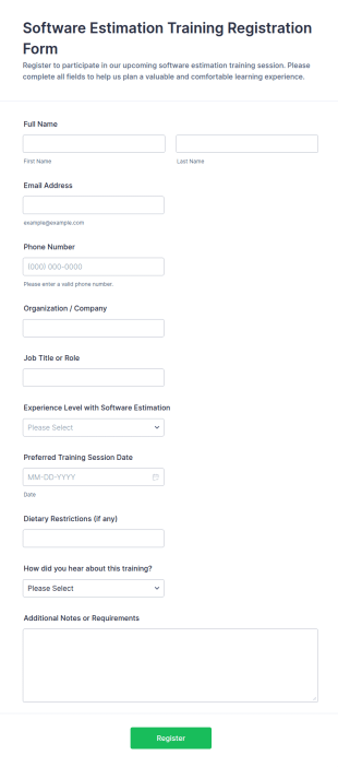 Software Estimation Training Registration Form Template