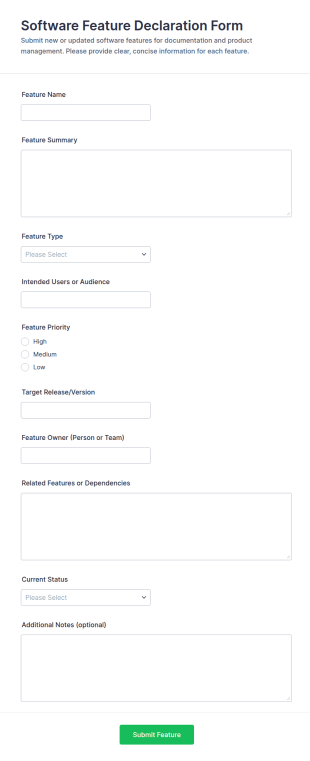 Software Feature Declaration Form Template