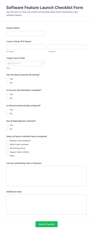 Software Feature Launch Checklist Form Template