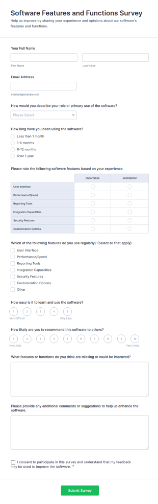 Software Features And Functions Survey Form Template