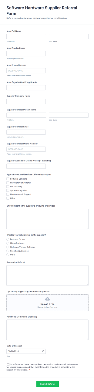 Software Hardware Supplier Referral Form Form Template