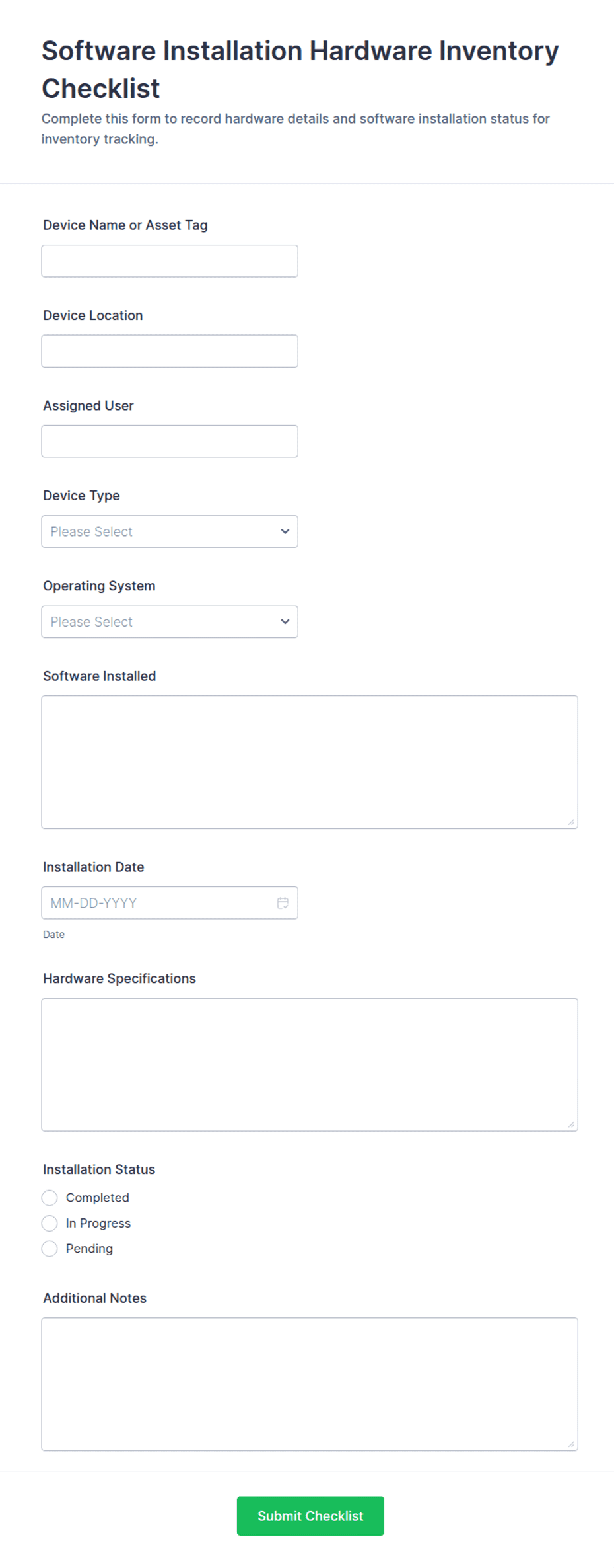 Software Installation Hardware Inventory Checklist Form Template | Jotform
