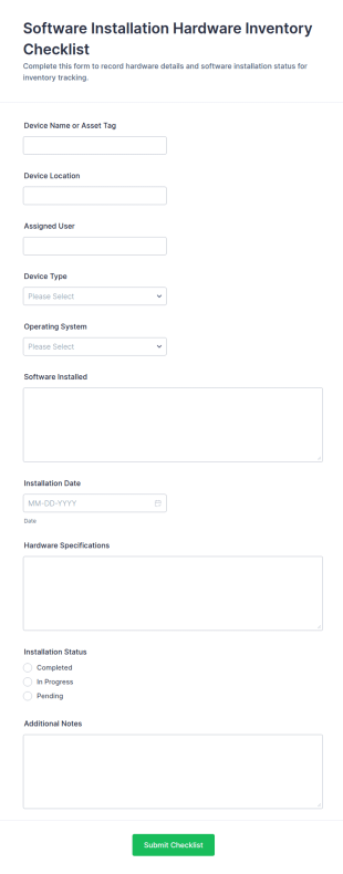 Software Installation Hardware Inventory Checklist Form Template