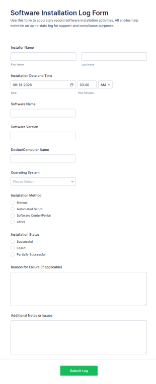 Software Installation Log Form Template