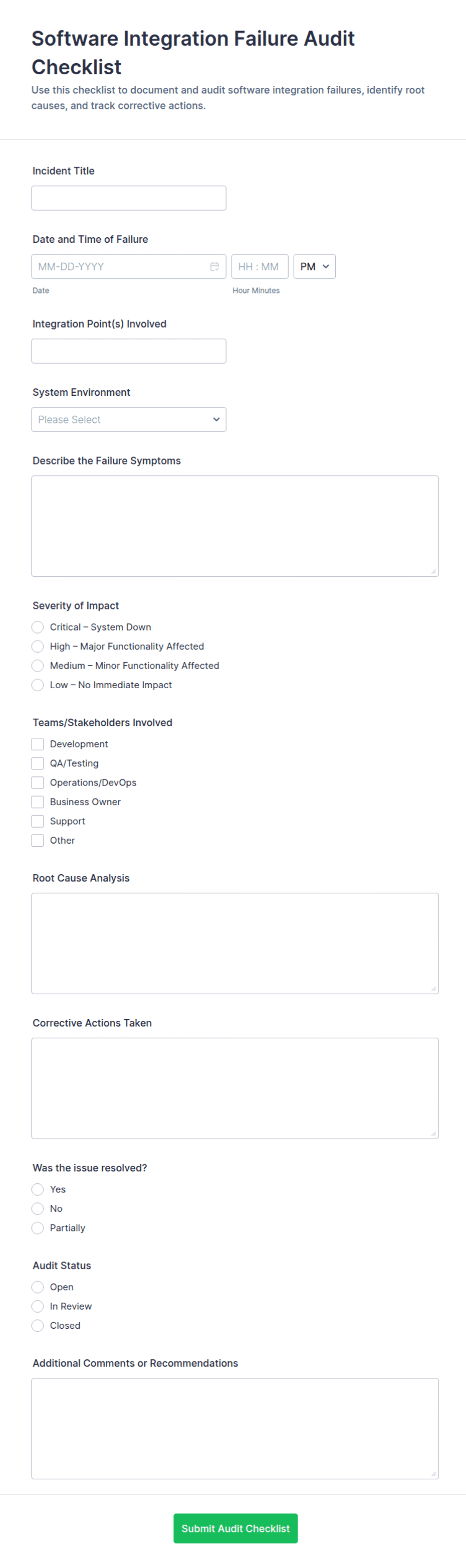 Software Integration Failure Audit Checklist Form Template | Jotform
