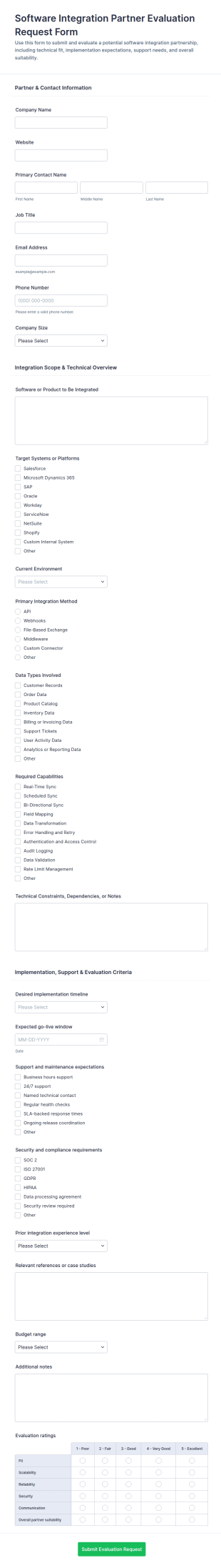 Software Integration Partner Evaluation Request Form Template