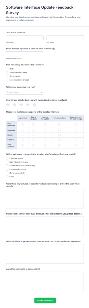 Software Interface Update Feedback Survey Form Template