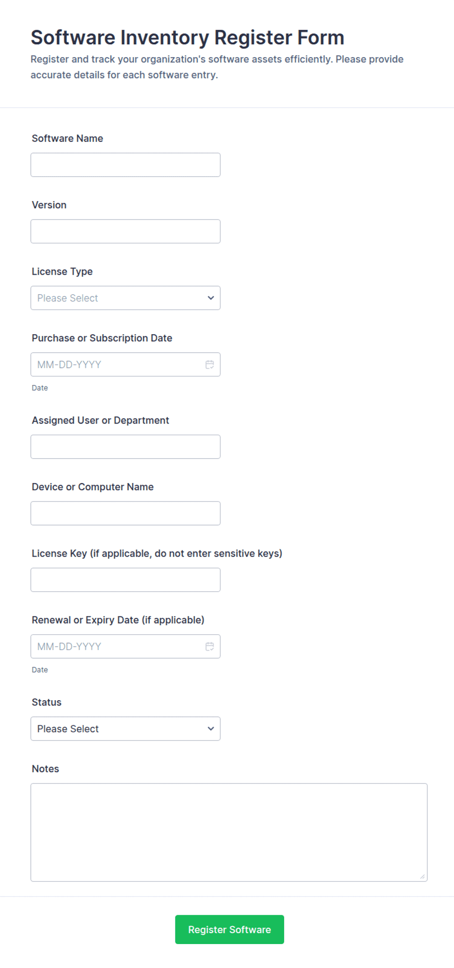 Software Inventory Register Form Template | Jotform