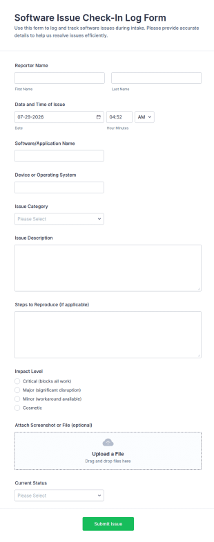 Software Issue Check In Log Form Template