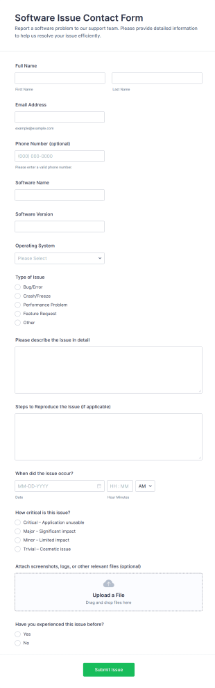 Software Issue Contact Form Template