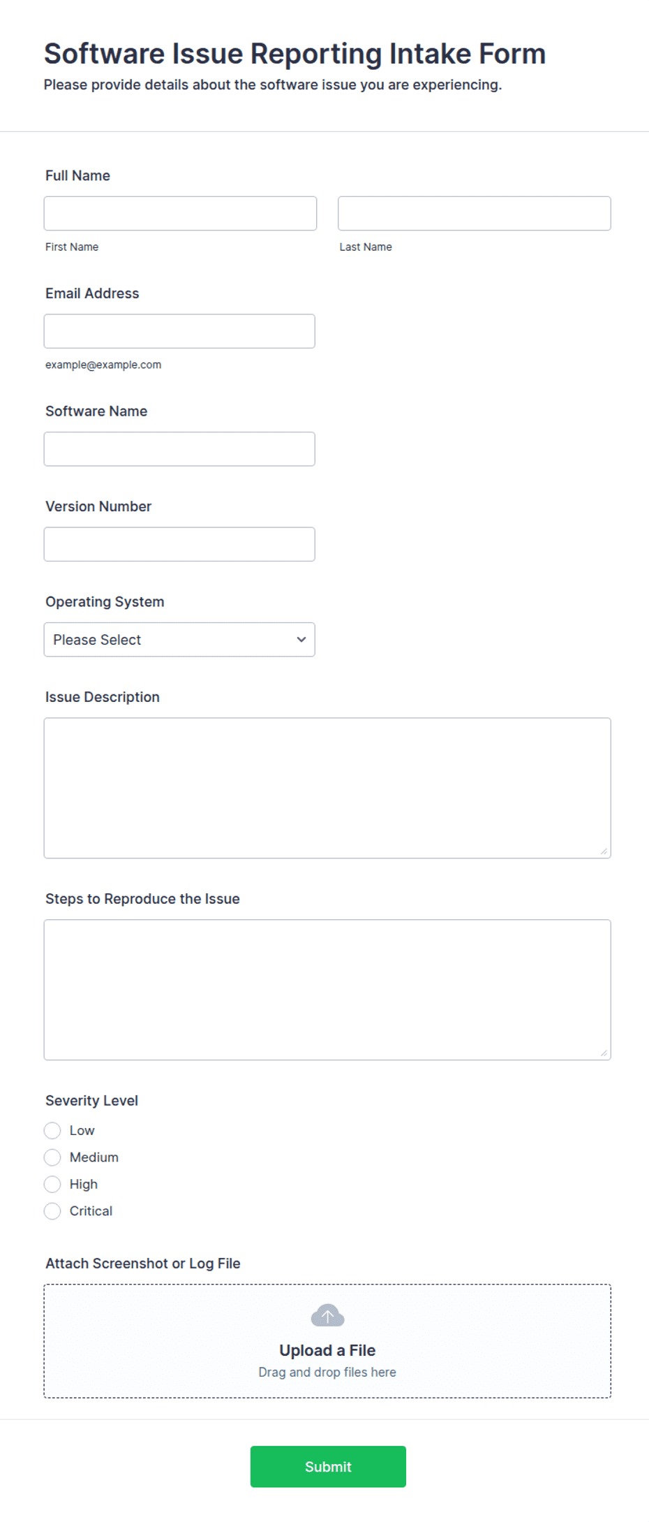 Sw Problem Report Form Software Issue Reporting Intake Form Template | Jotform