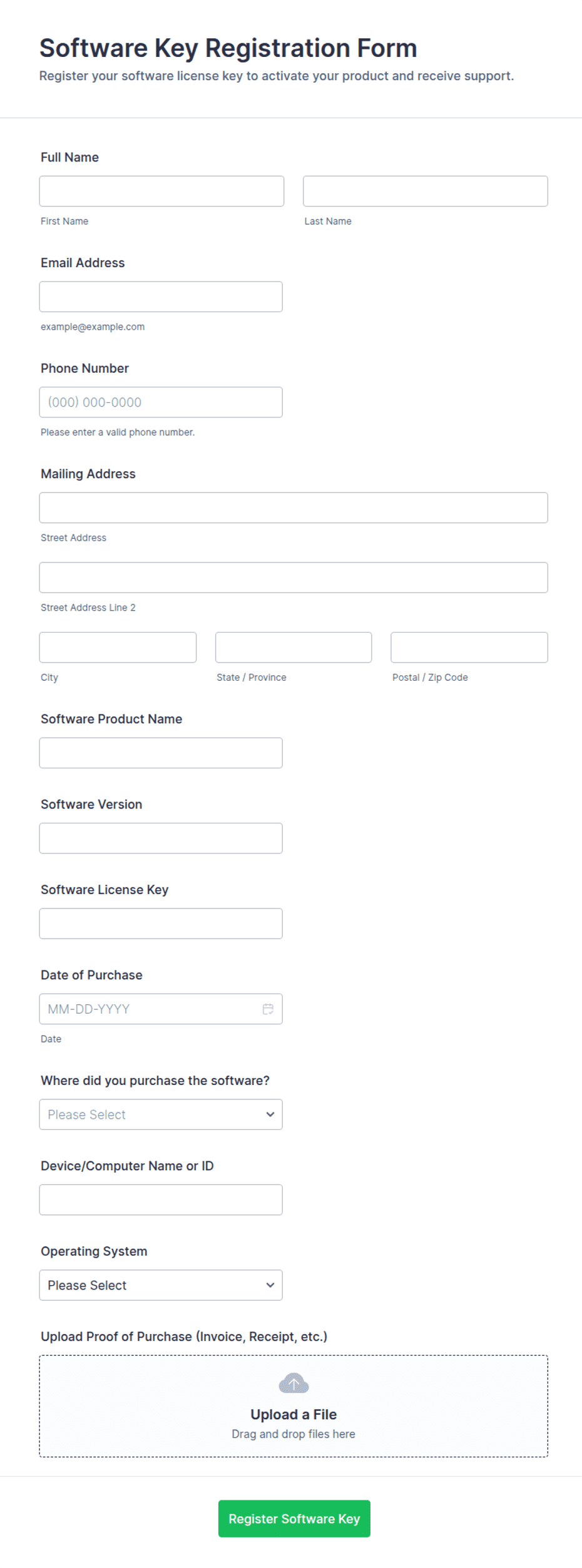 Software Entitlement Form Software Key Registration Form Template | Jotform