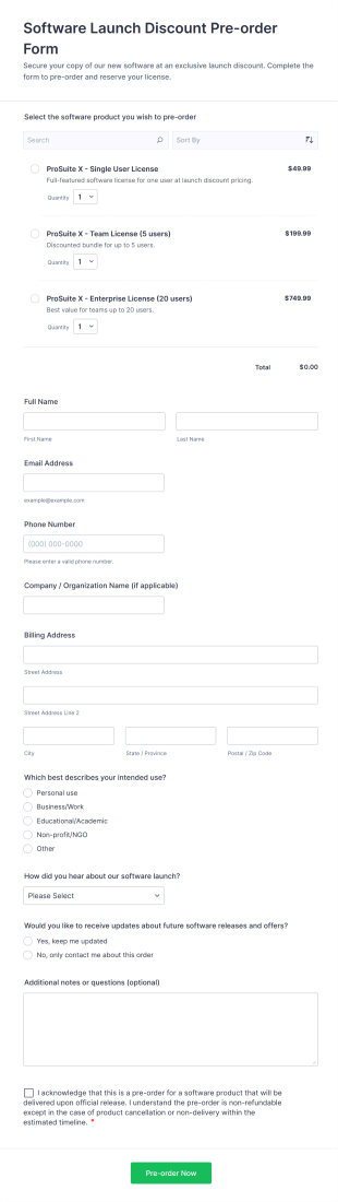Software Launch Discount Pre Order Form Template