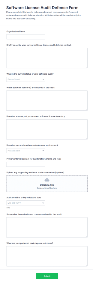 Software License Audit Defense Intake Form Template