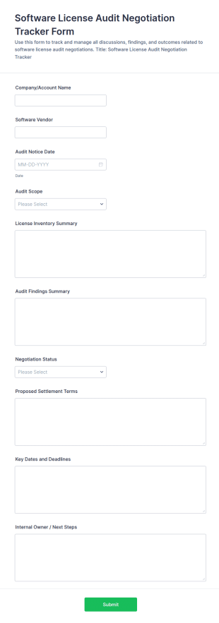 Software License Audit Negotiation Tracker Form Template