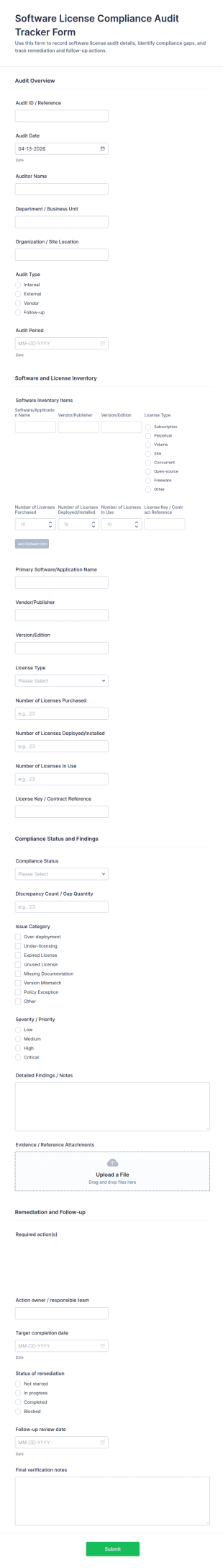 Software License Compliance Audit Tracker Form Template