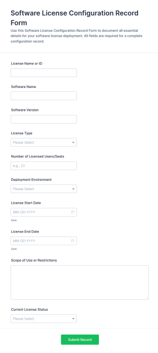 Software License Configuration Record Form Template