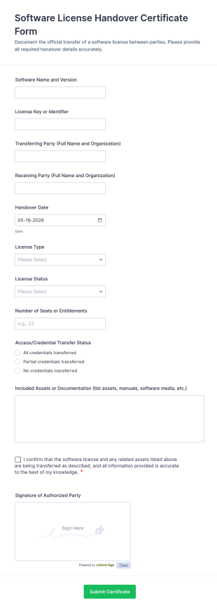 Software License Handover Certificate Form Template